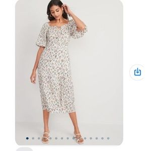 Puff Sleeve Floral-Print Pintucked Smocked MIDI Swing Dress